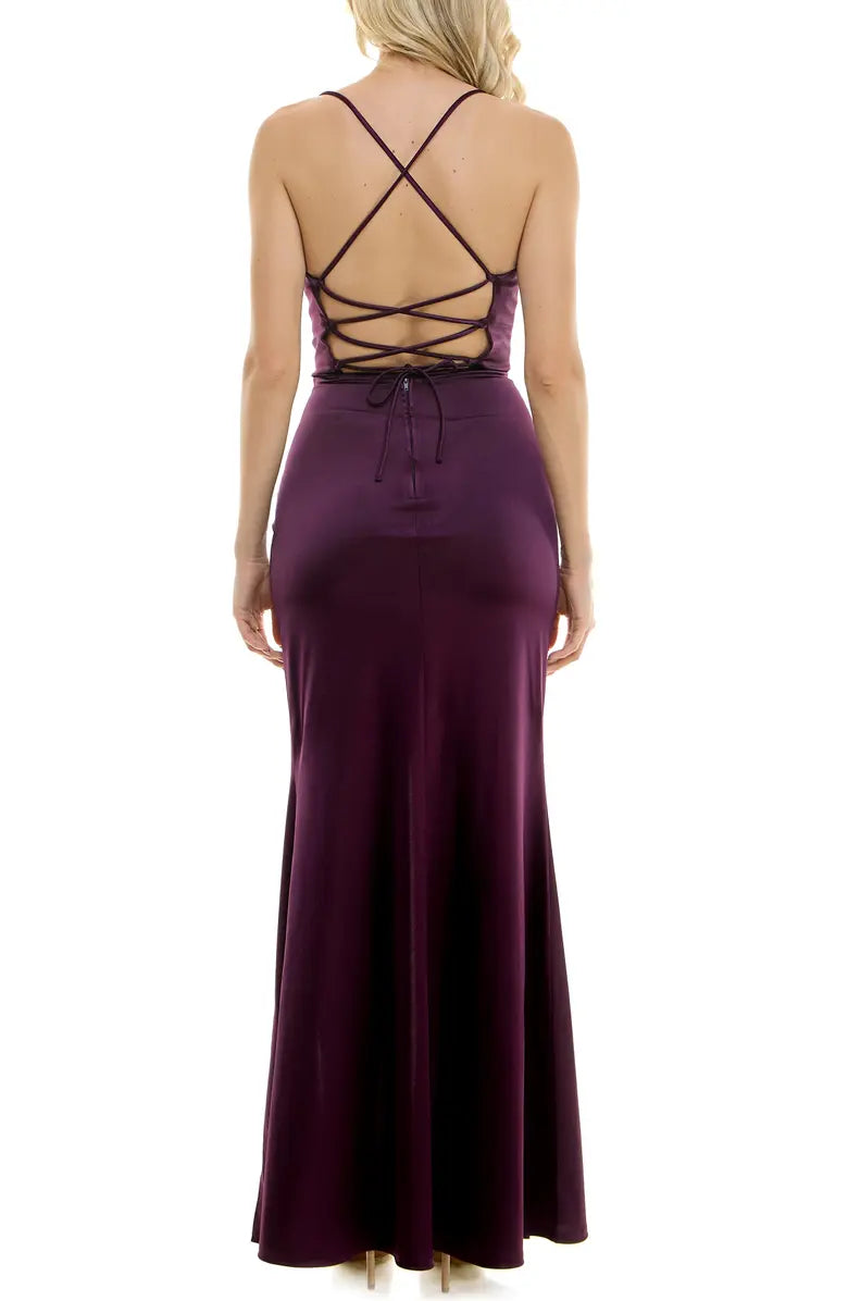 Noble thin shoulder strap open shoulder side slit satin open back strap evening dress
