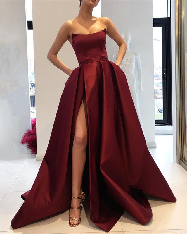 Strapless Bodice Corset Long Satin Leg Split Evening Dresses