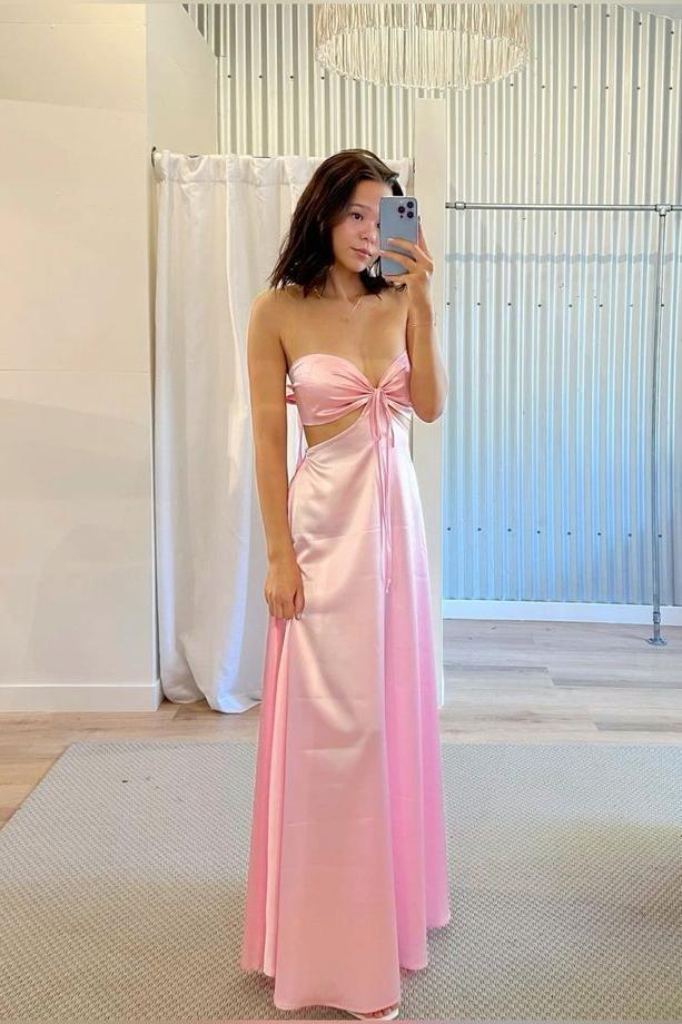 Strapless Pink Back Tie A-line Formal Dress Stylish Party Dresses