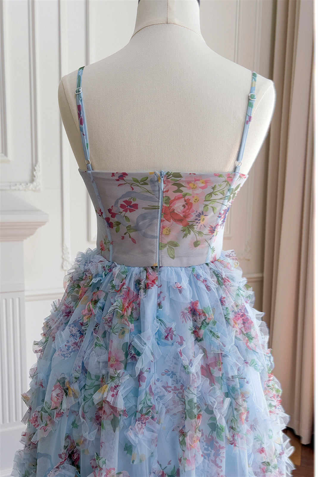 Pretty Straps Blue Floral Print Ruched Long Formal Evening Dresses