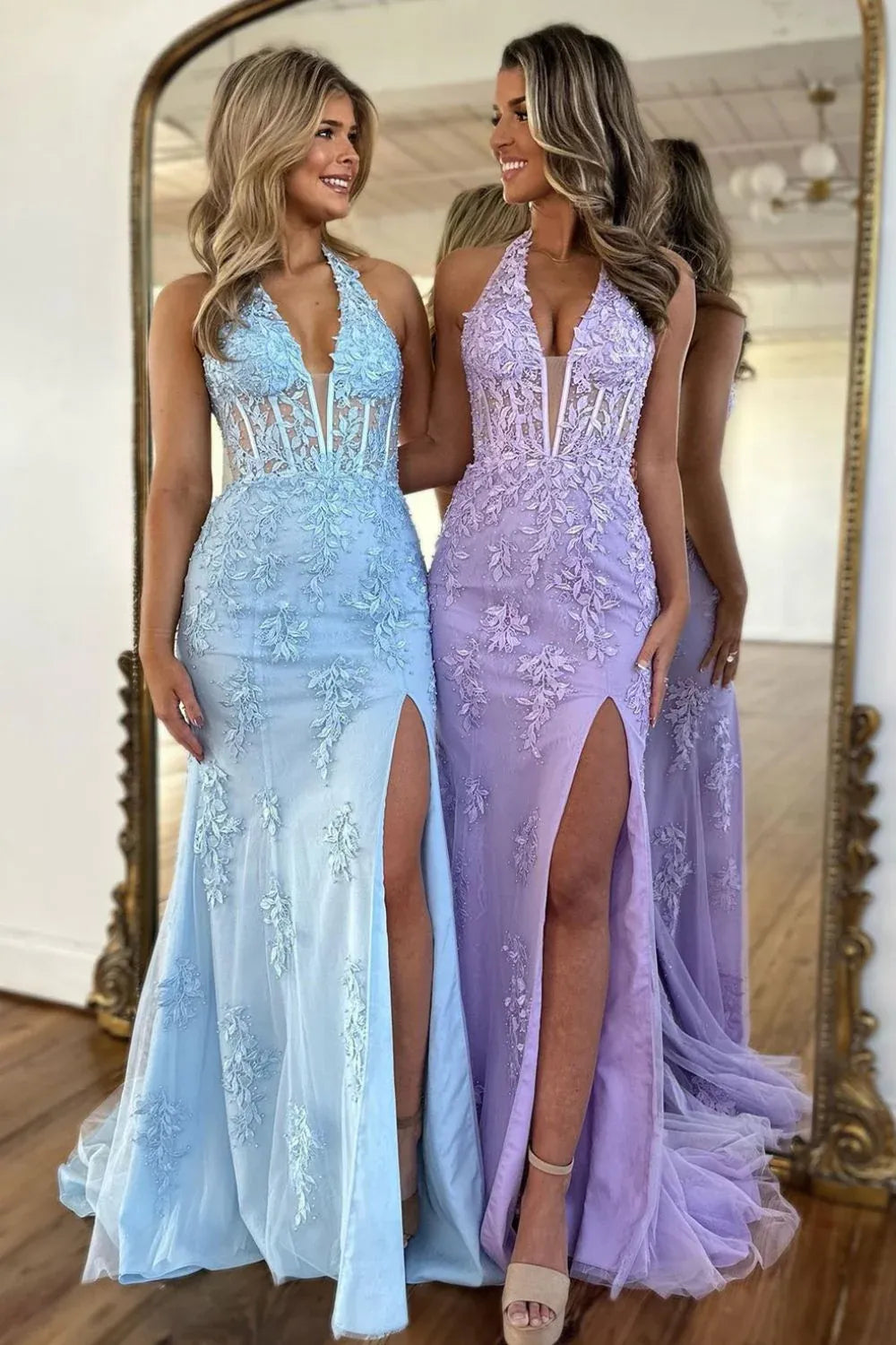 Wholesale Light Blue Prom Dress Mermaid Deep V-Neck Long Lace With Split Charming Lilac Evening Dress