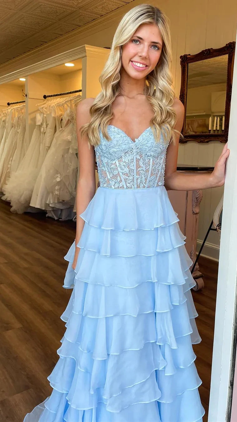 Sweetheart Appliques Chiffon Ruffle Prom Dress,AST1643