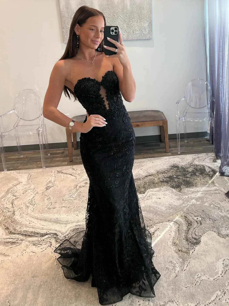 Sweetheart Black Applique Mermaid Prom Dress,AST924