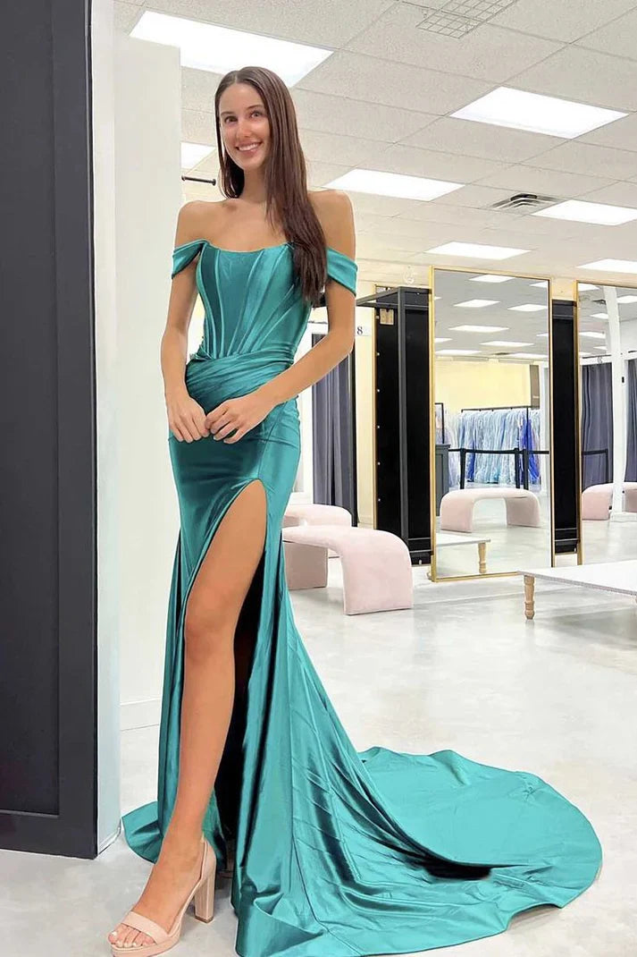 Wholesale Mermaid Off-the-Shoulder Long Prom Dress Satin Corset High Slit Evening Dress