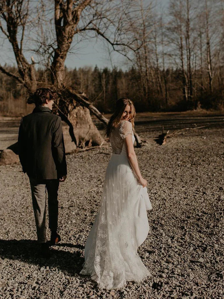 Fabulous Tulle Appliqued Mermaid V-Neck Cap Sleeves Sweep Train Wedding Dresses Beautiful