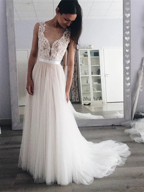 Marvelous Tulle A-line Illusion Appliques Wedding Dresses Elegant Handmade Wholesale