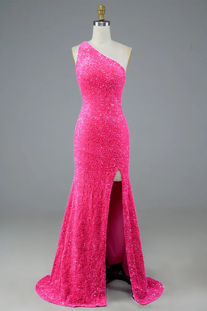 Wholesale One Shoulder Fuchsia Sequin Long Prom Dress Evening Party Dress with Slit