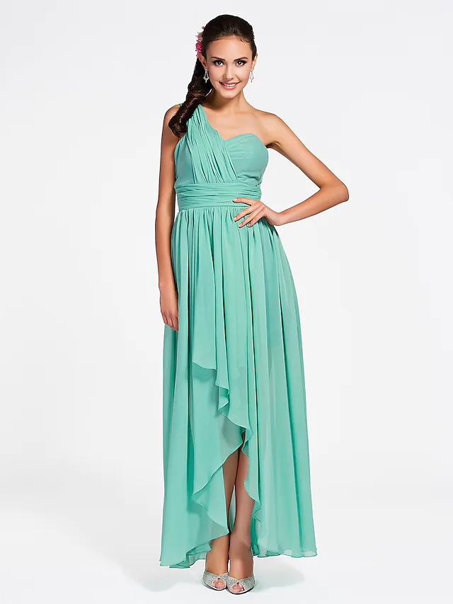 One Shoulder  Sweetheart Neckline Asymmetrical  Ankle Length Chiffon Bridesmaid Dress with Ruched  Draping  Side Draping  Open Back