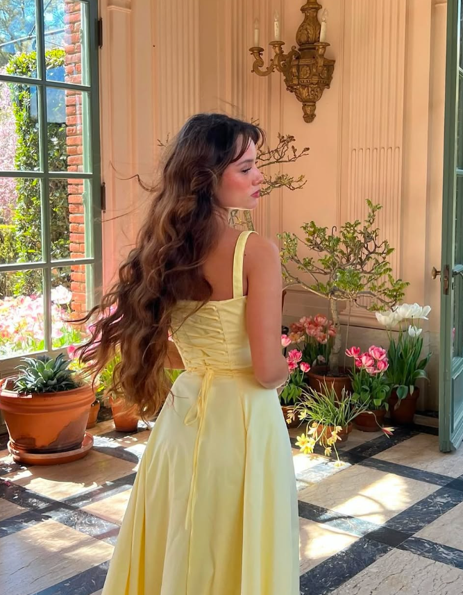 Pretty Yellow Satin Long Prom Dress Formal Evening Dresses