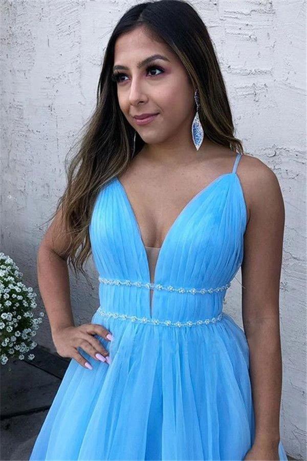 Sky Blue Tulle Long Evening Dress V-neck Floor Length Prom Dress Sexy Wholesale