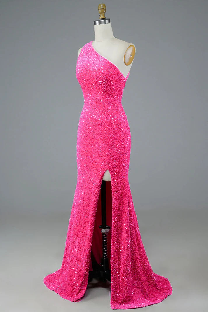 Wholesale One Shoulder Fuchsia Sequin Long Prom Dress Evening Party Dress with Slit