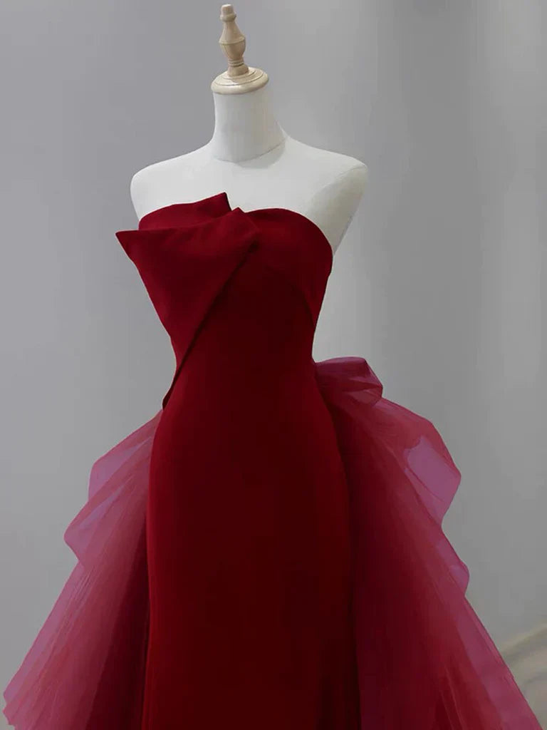 Burgundy Strapless Mermaid Tulle Formal Prom Dress Off Shoulder Floor Length Charming Evening Dress Wholesale