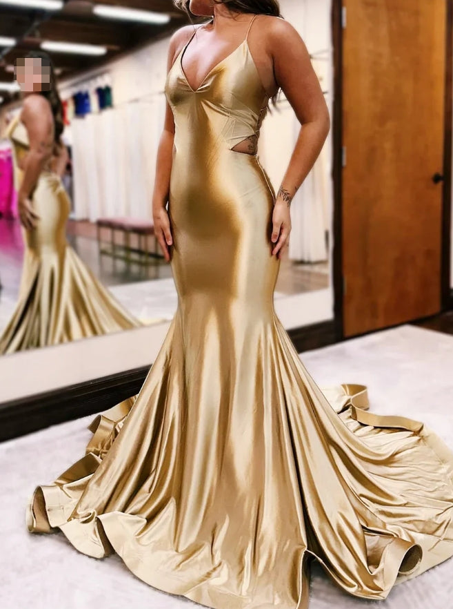 Gold V-Neck Lace-Up Mermaid Long Formal Dress Sexy Evening Dress Party Dress Wholesale