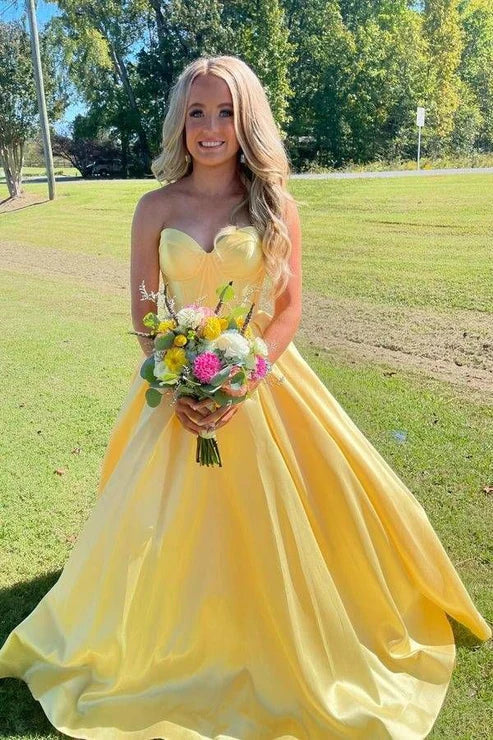 Wholesale Yellow A Line Sweetheart Corset Satin Prom Dress Off Shoulder Evening Party Dress