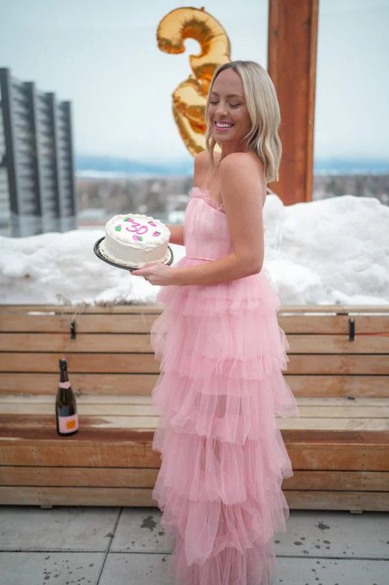 Elegant Pink Tulle Prom Dress,Long Birthday Outfit,AST1246