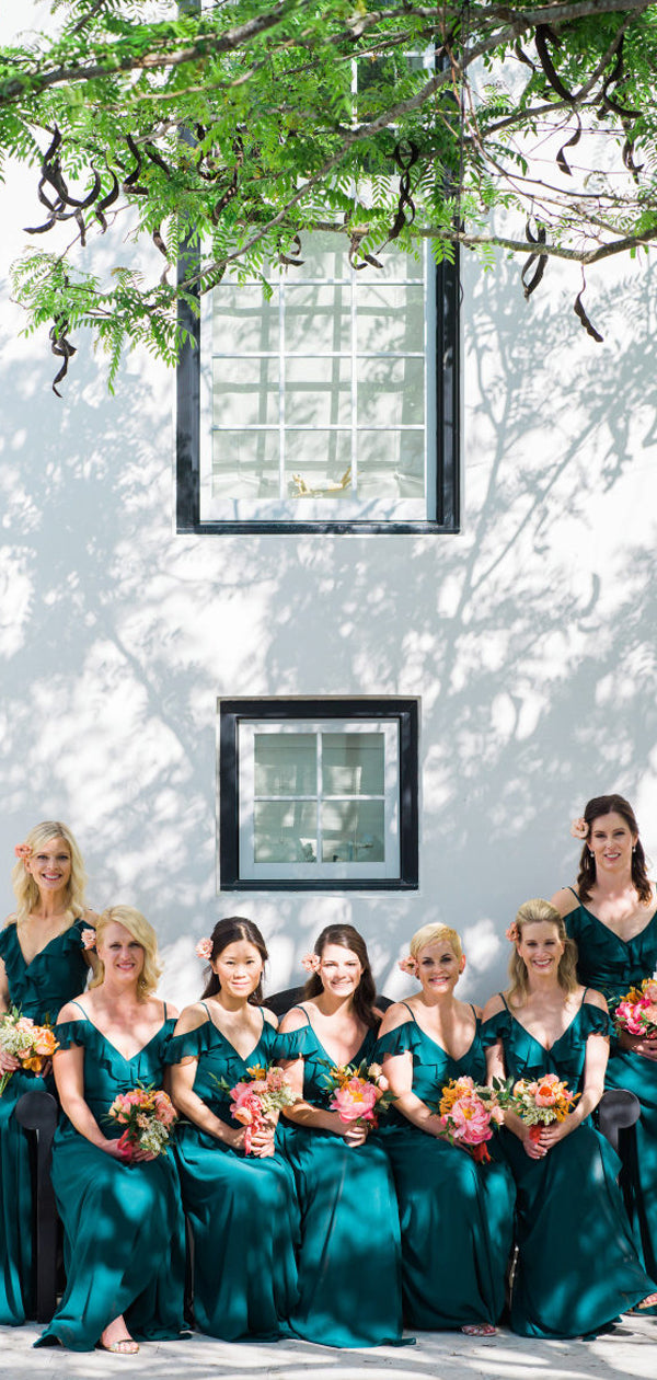 Teal Chiffon Saghetti Strap Off Shoulder Long Bridesmaid Dresses,DB144