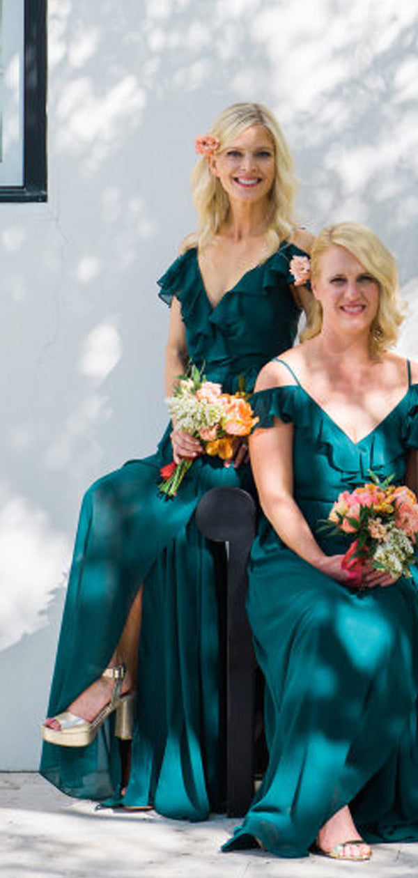 Teal Chiffon Saghetti Strap Off Shoulder Long Bridesmaid Dresses,DB144