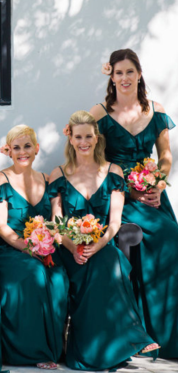 Teal Chiffon Saghetti Strap Off Shoulder Long Bridesmaid Dresses,DB144