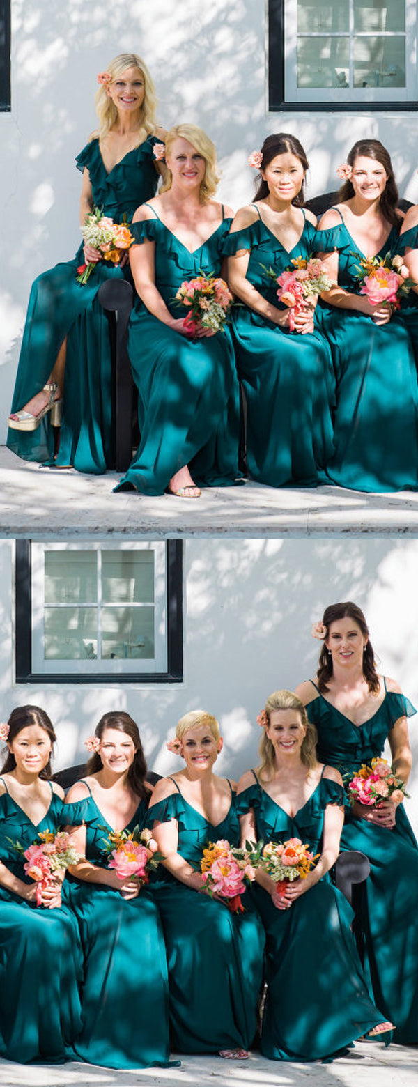 Teal Chiffon Saghetti Strap Off Shoulder Long Bridesmaid Dresses,DB144