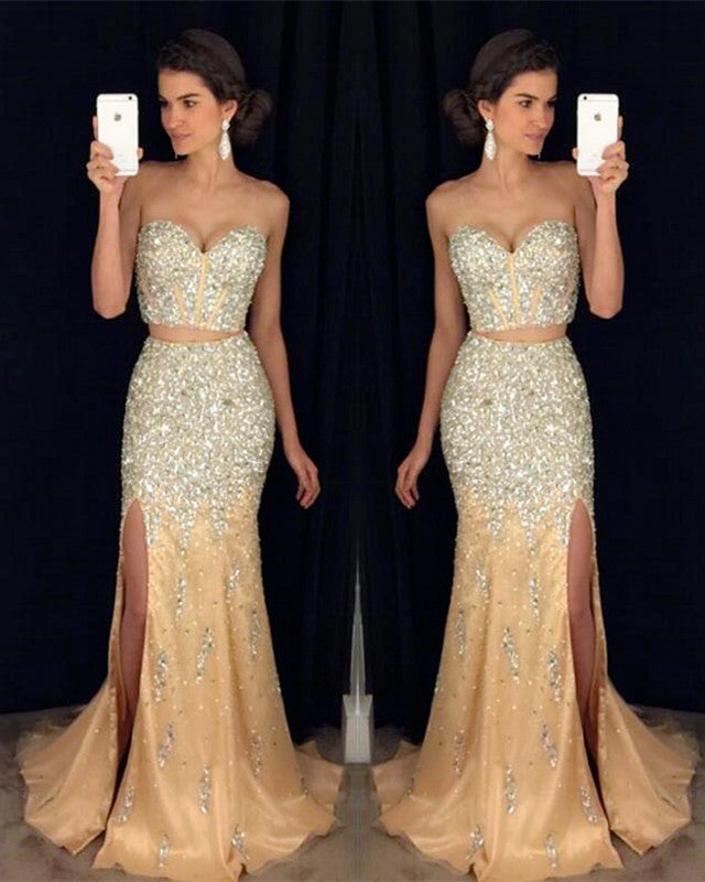 Champagne Two Piece Prom Dress Mermaid Crystal Beaded