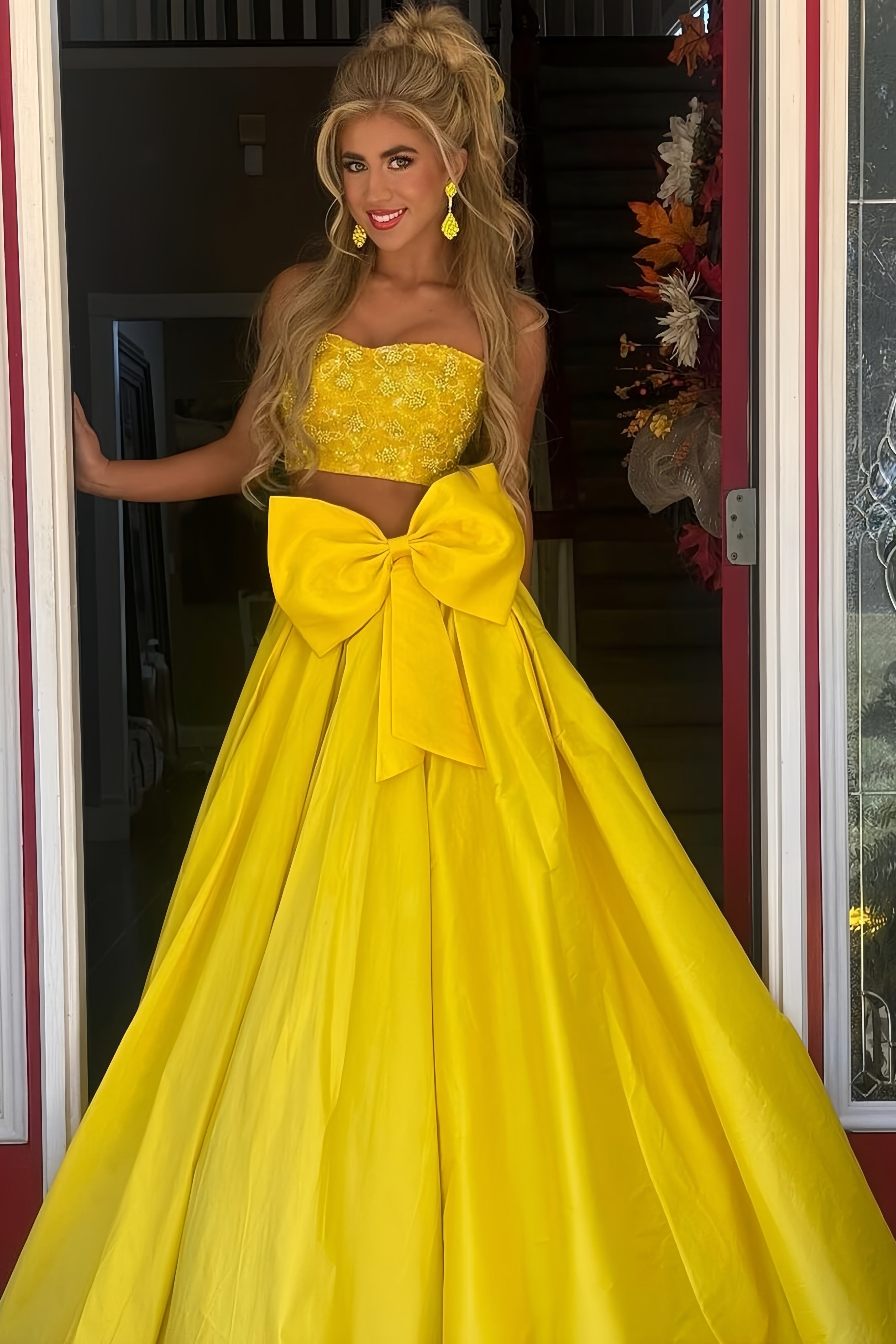 Two Pieces Yellow Prom Dress, Beaded Evening Dress, AST1550