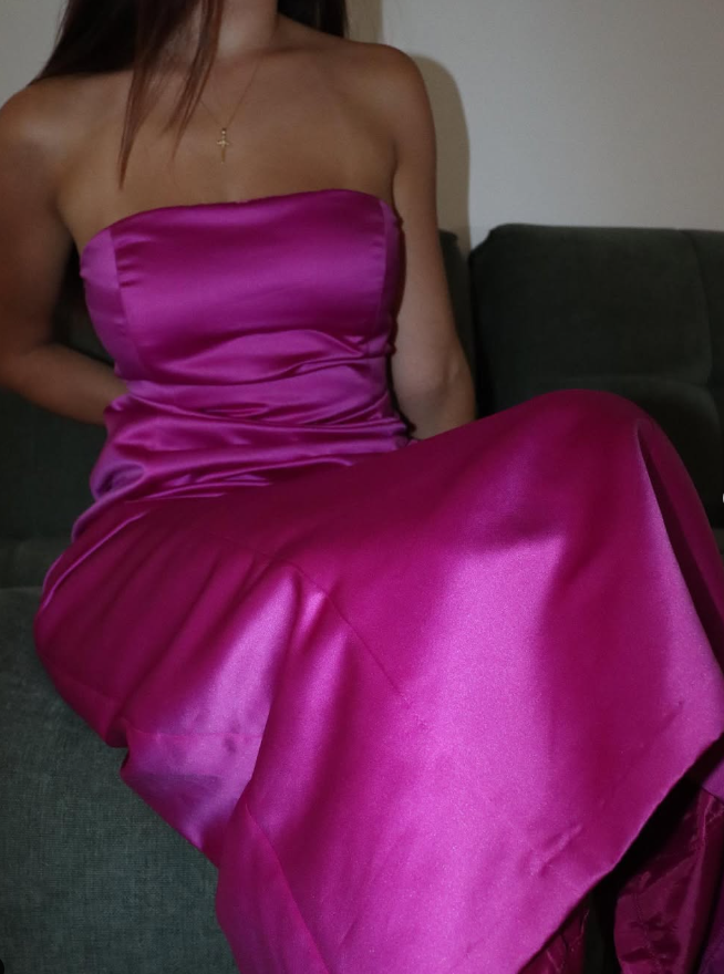 Sheath Strapless Hot Pink Satin Prom Dress Wedding Party Gown