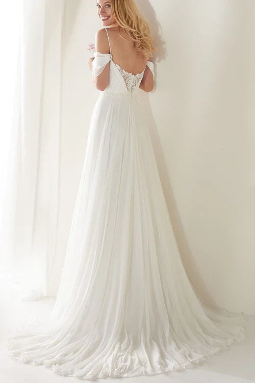 Aimishang Elegant A-Line Spaghetti Straps Off-the-Shoulder Sweep Train Wedding Dress