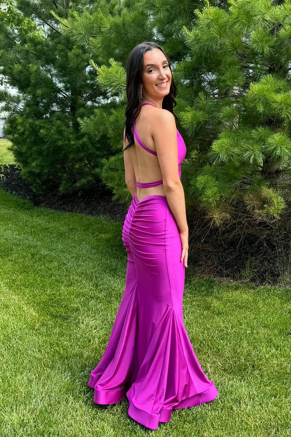 V-neck Open Back Ruched Mermaid Graduation Dress Formal Dresses Long