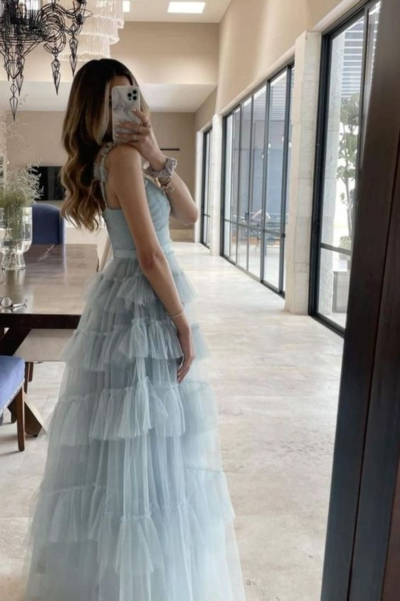 Light Blue Layered Tulle Long Prom Dress Elegant Graduation Gown