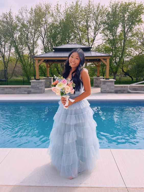 Light Blue Layered Tulle Long Prom Dress Elegant Graduation Gown
