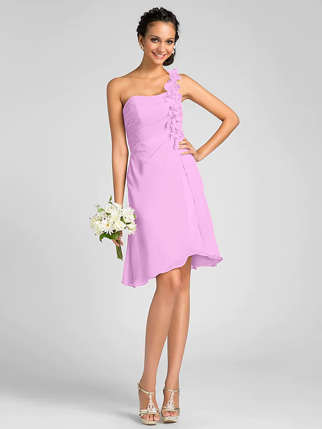 One Shoulder Knee Length Chiffon Bridesmaid Dress with Side Draping  Flower