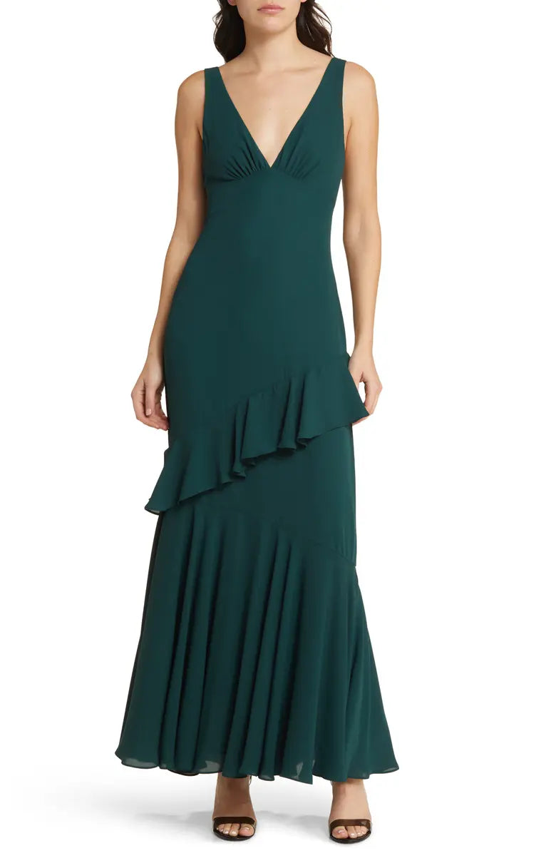 Elegant V-neck open shoulder ruffled long chiffon backless evening dress