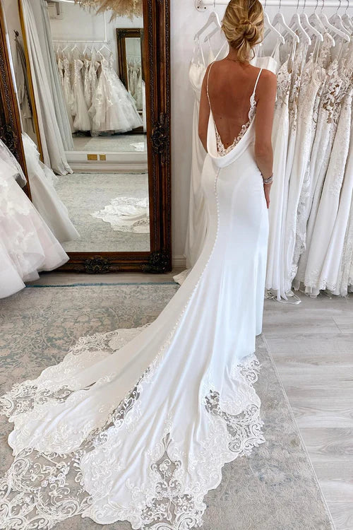 Aimishang Elegant White Spaghetti Straps Long Mermaid Boho Wedding Dress with Lace
