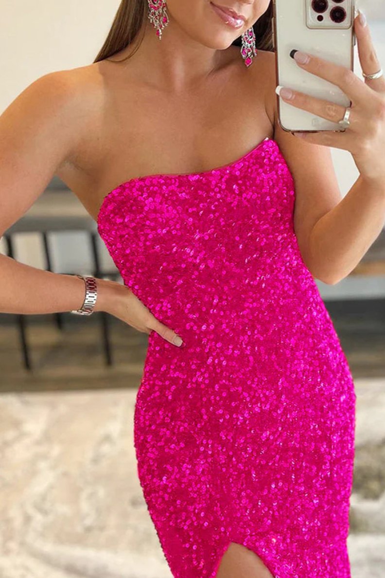 Mermaid Strapless Sequins Long Prom Dress with Slit