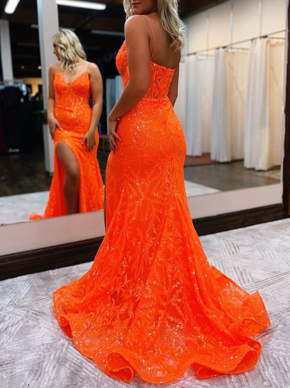 Mermaid Spaghetti Straps Sequined Lace Prom Dress