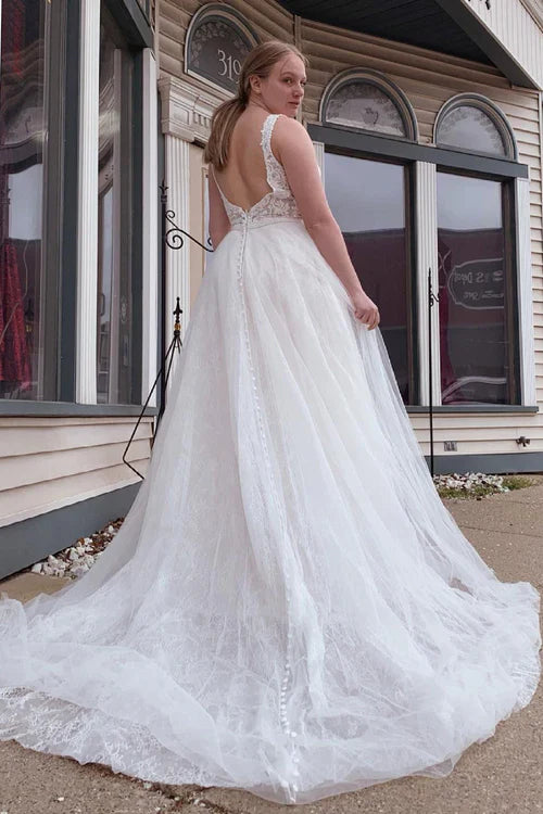 Aimishang Elegant A-Line Tulle White Long Wedding Dress with Beading