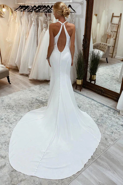Aimishang Elegant Simple White Halter Open Back Long Wedding Dress