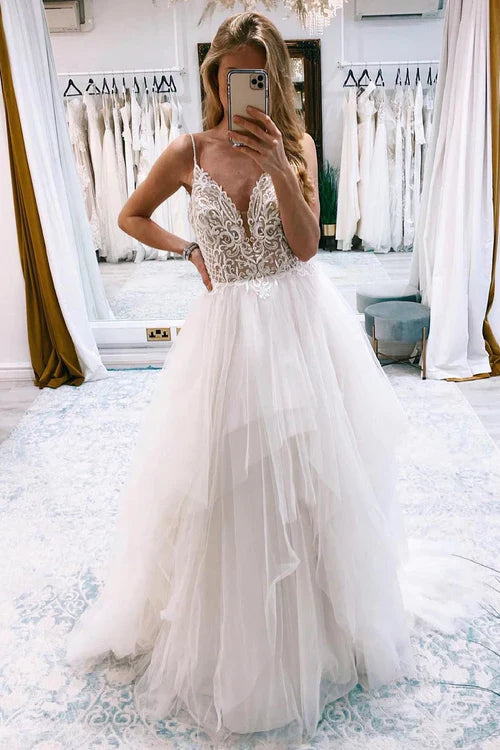Aimishang Elegant Ivory A-Line Backless Tulle Long Wedding Dress with Appliques