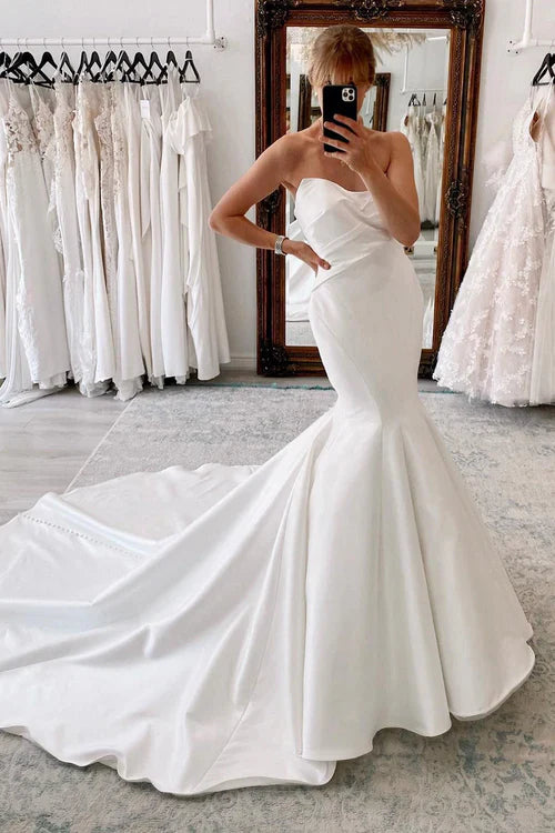 Aimishang Elegant White Strapless Satin Long Mermaid Wedding Dress