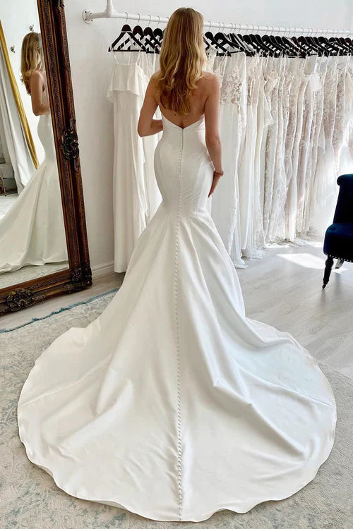 Aimishang Elegant White Strapless Satin Long Mermaid Wedding Dress