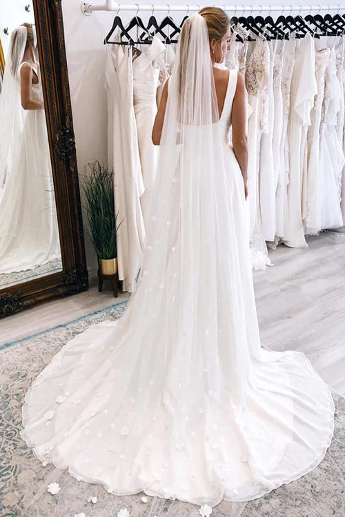 Aimishang Elegant Simple White Square Neck Boho Long Chiffon Wedding Dress