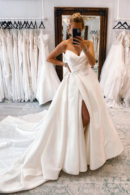 Aimishang Elegant White Satin Long A-Line Wedding Dress with Slit
