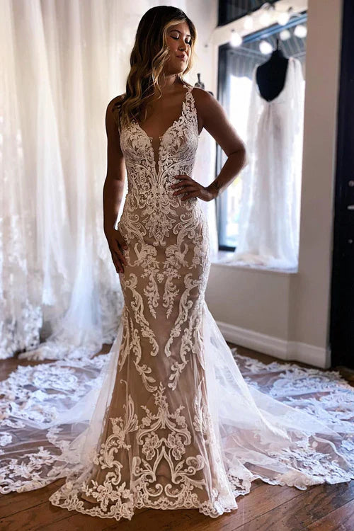 Aimishang Elegant Champagne V-Neck Mermaid Long Lace Wedding Dress