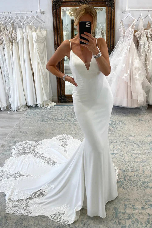Aimishang Elegant White Spaghetti Straps Long Mermaid Boho Wedding Dress with Lace