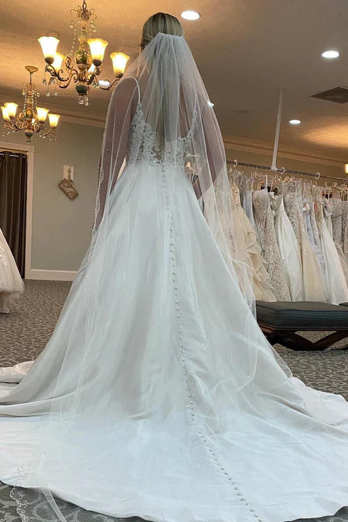 Aimishang Elegant A-Line Spaghetti Straps White Long Wedding Dress with Beading