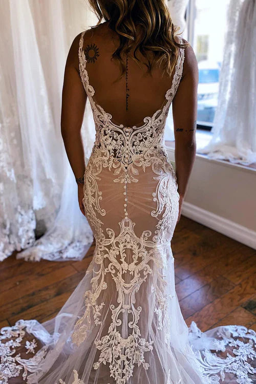 Aimishang Elegant Champagne V-Neck Mermaid Long Lace Wedding Dress