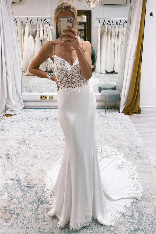 Aimishang Elegant White Mermaid Sweep Train Boho Long Mermaid Wedding Dress with Appliques