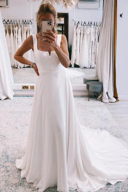 Aimishang Elegant Simple White Square Neck Boho Long Chiffon Wedding Dress