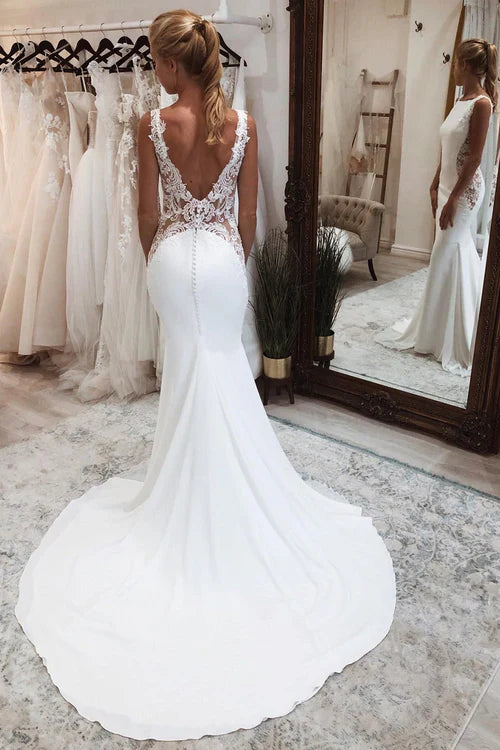 Aimishang Elegant White Long Mermaid Boho Wedding Dress with Appliqued