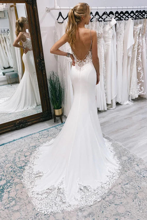Aimishang Elegant White Mermaid Sweep Train Boho Long Mermaid Wedding Dress with Appliques